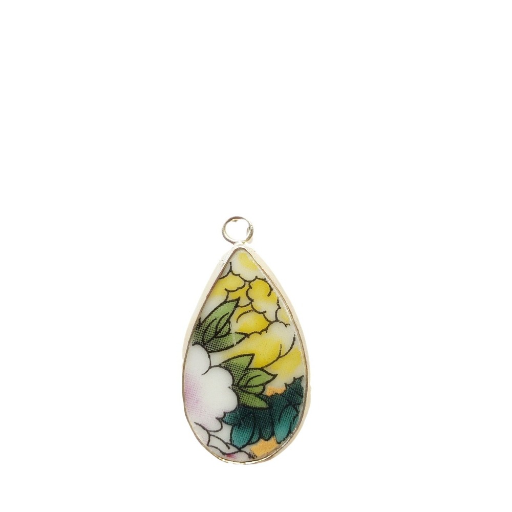 Floral‎ Porcelain Teardrop Pendant Yellow Peony Broken China Transferware Charm